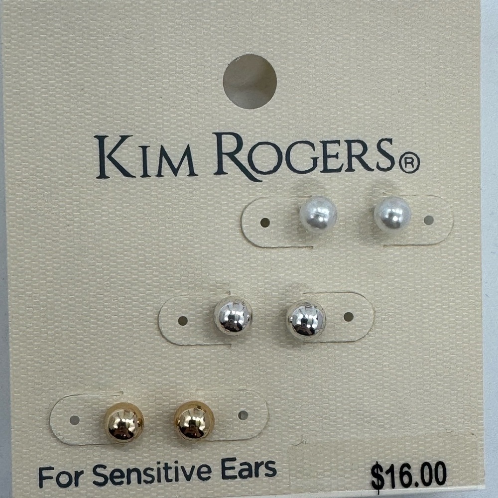 Kim Rogers 3 pairs Gold Silver And White Faux Pearl Earrings